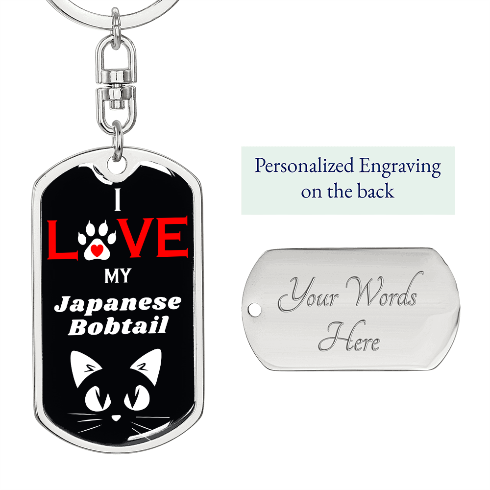 I Love My Japanese Bobtail Cat Keychain Stainless Steel or 18k Gold Dog Tag Keyring-Express Your Love Gifts