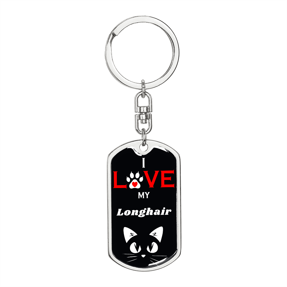 I Love My Longhair Cat Keychain Stainless Steel or 18k Gold Dog Tag Keyring-Express Your Love Gifts