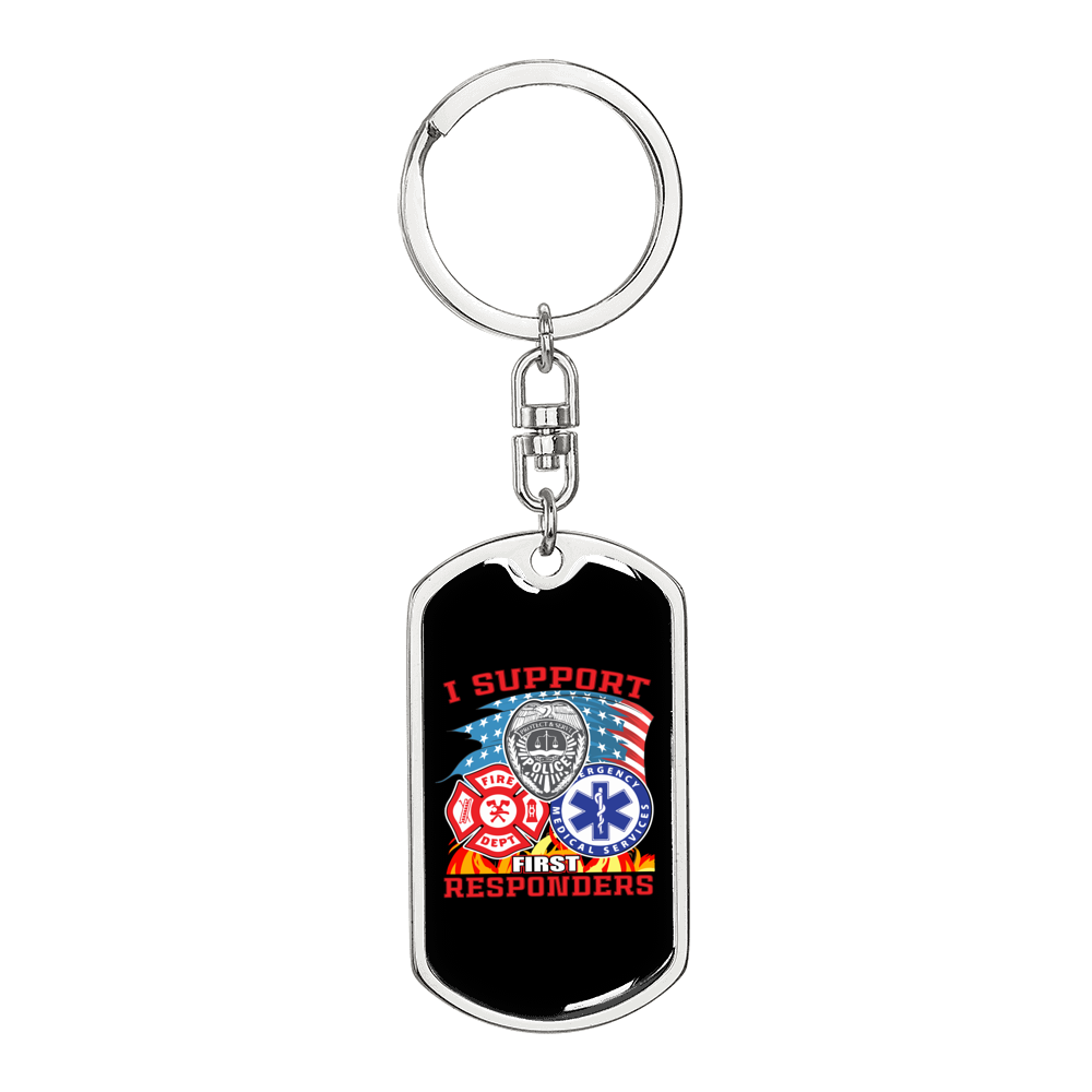 I Support First Responders Firefighter Keychain Stainless Steel or 18k Gold Dog Tag Keyring-Express Your Love Gifts