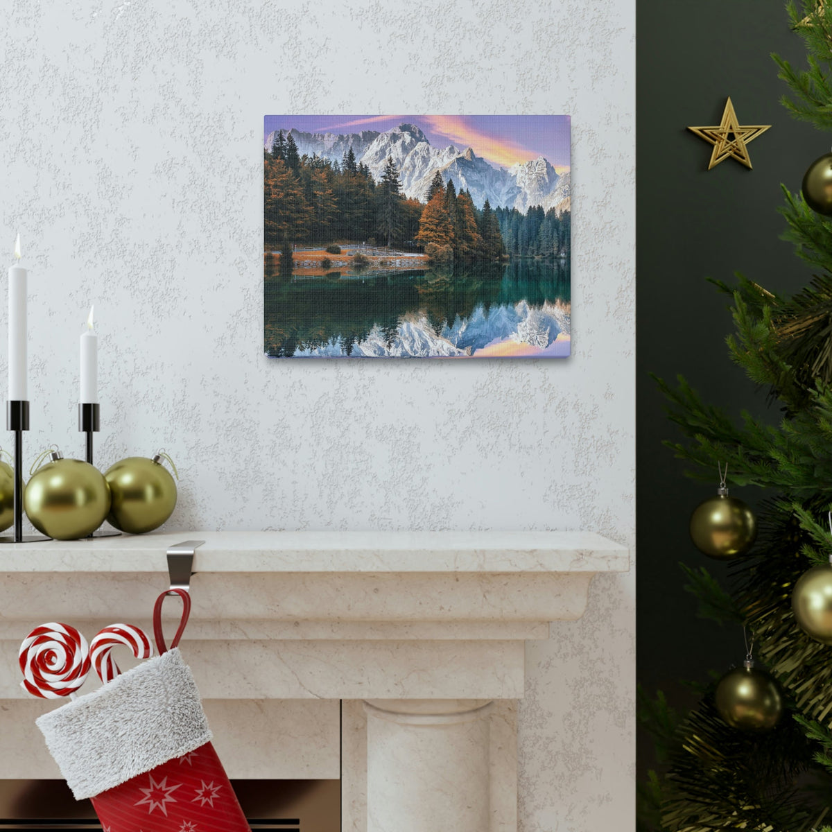 Impressive Autumn Season During Sunset Scene Beautiful Wonderful and Suprising Lake Beauty Nature Scene Amazing Sunny Day on the Mountain and Lake Wall Art Ready to Hang Unframed-Express Your Love Gifts
