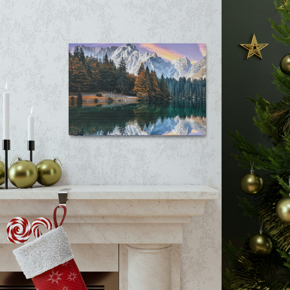 Impressive Autumn Season During Sunset Scene Beautiful Wonderful and Suprising Lake Beauty Nature Scene Amazing Sunny Day on the Mountain and Lake Wall Art Ready to Hang Unframed-Express Your Love Gifts