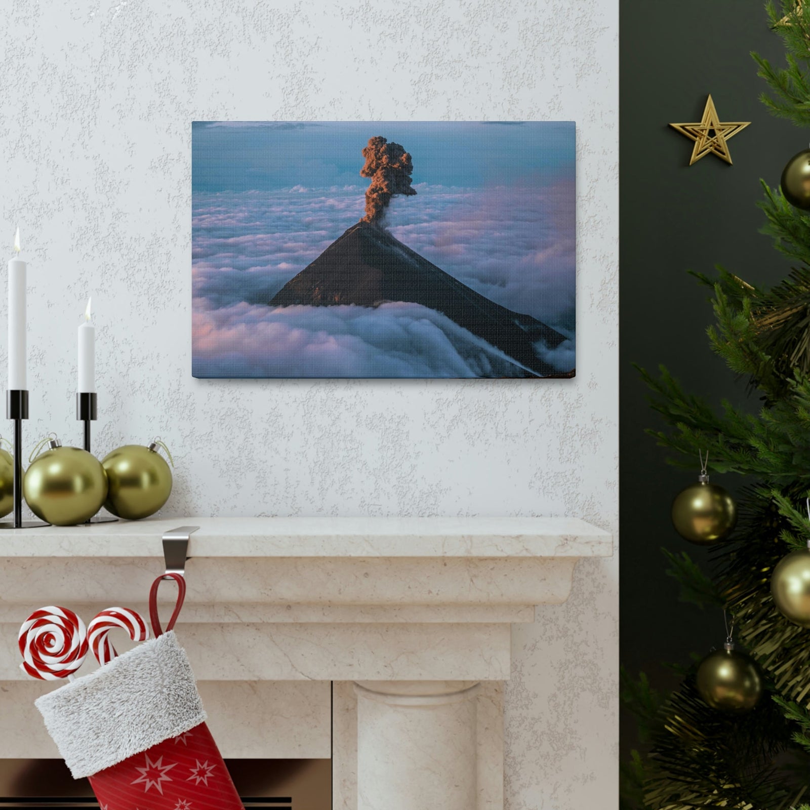 Incredible Erupting Volcano Scene Beautiful Phenomenal and Breathtaking Beauty Nature Scene Big Volcano and Clouds Wall Art Ready to Hang Unframed-Express Your Love Gifts