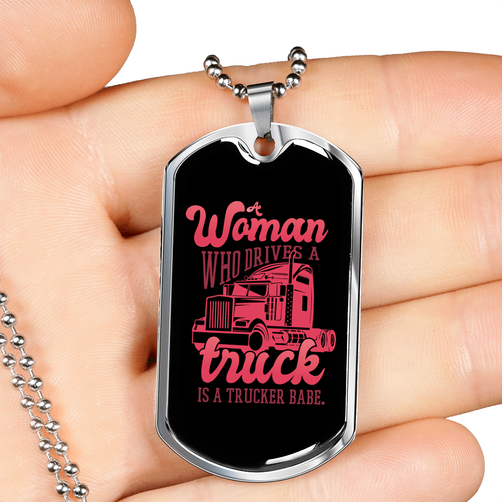 Is A Trucker Babe Dog Tag Stainless Steel or 18k Gold 24" Chain-Express Your Love Gifts