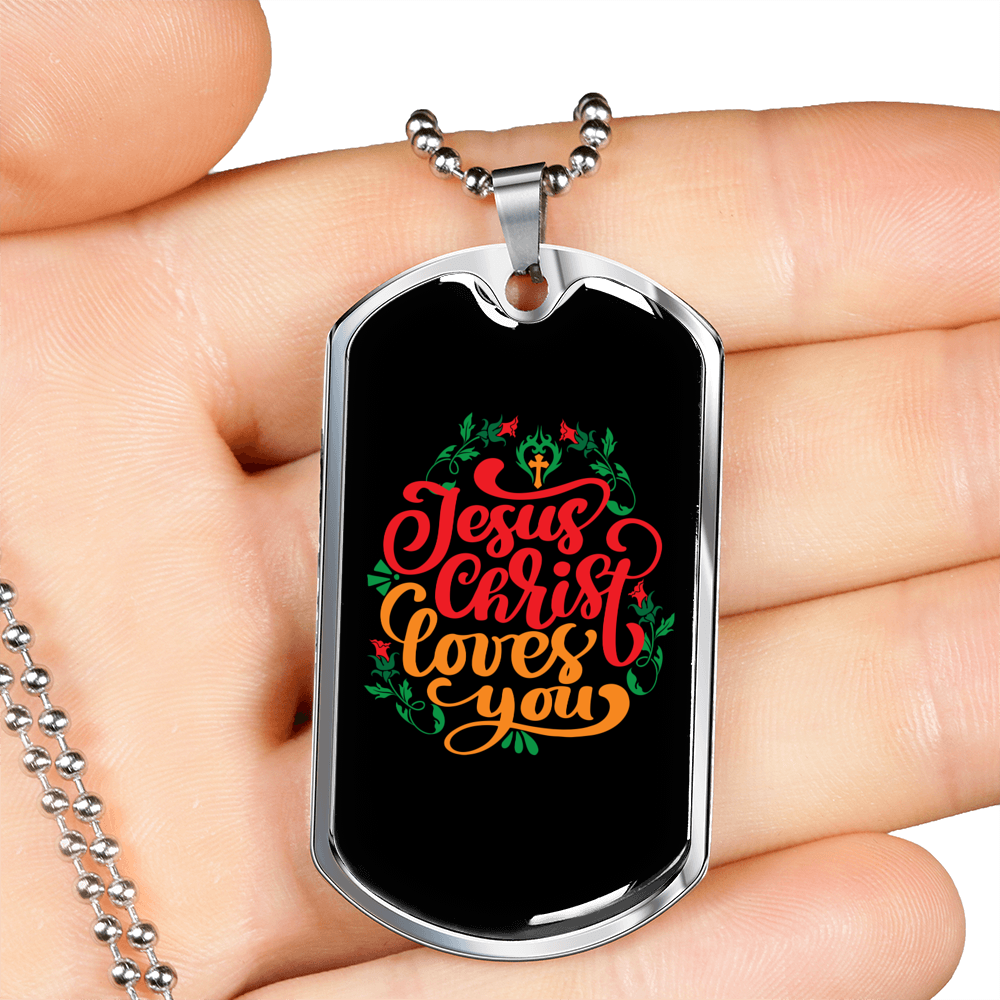 Jesus Christ Loves You Christian Necklace Stainless Steel or 18k Gold Dog Tag 24" Chain-Express Your Love Gifts