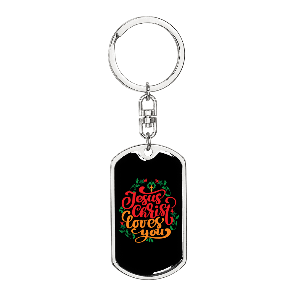 Jesus Christ Loves You Keychain Stainless Steel or 18k Gold Dog Tag Keyring-Express Your Love Gifts