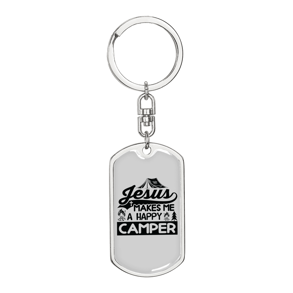 Jesus Happy Camper Keychain Stainless Steel or 18k Gold Dog Tag Keyring-Express Your Love Gifts