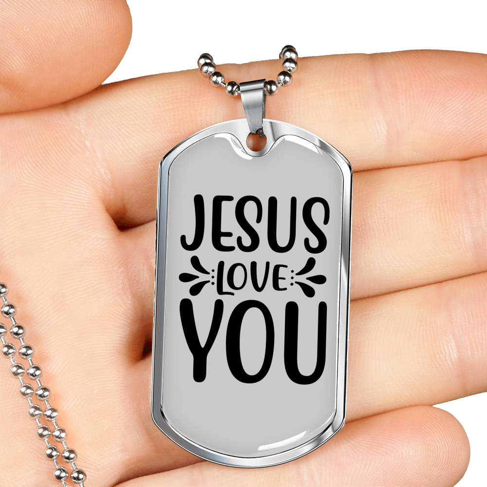 Jesus Loves You Christian Necklace Stainless Steel or 18k Gold Dog Tag 24" Chain-Express Your Love Gifts