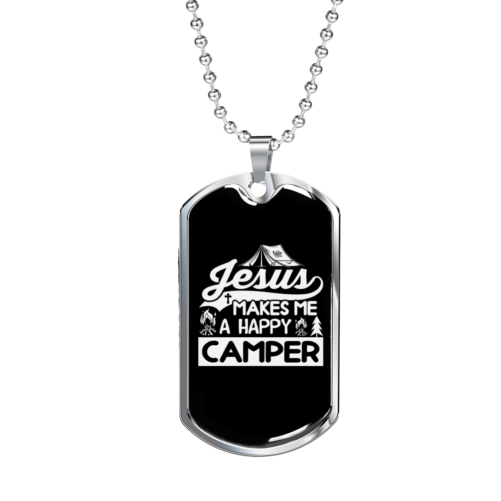 Jesus Makes Happy Camper Christian Necklace Stainless Steel or 18k Gold Dog Tag 24" Chain-Express Your Love Gifts