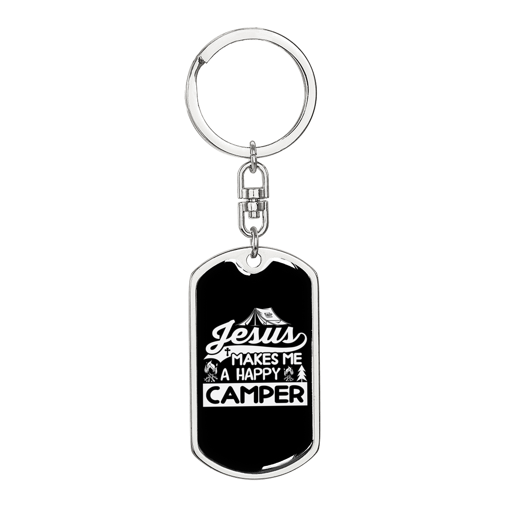 Jesus Makes Happy Camper Keychain Stainless Steel or 18k Gold Dog Tag Keyring-Express Your Love Gifts