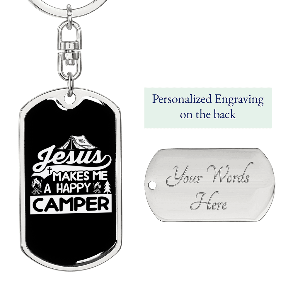 Jesus Makes Happy Camper Keychain Stainless Steel or 18k Gold Dog Tag Keyring-Express Your Love Gifts