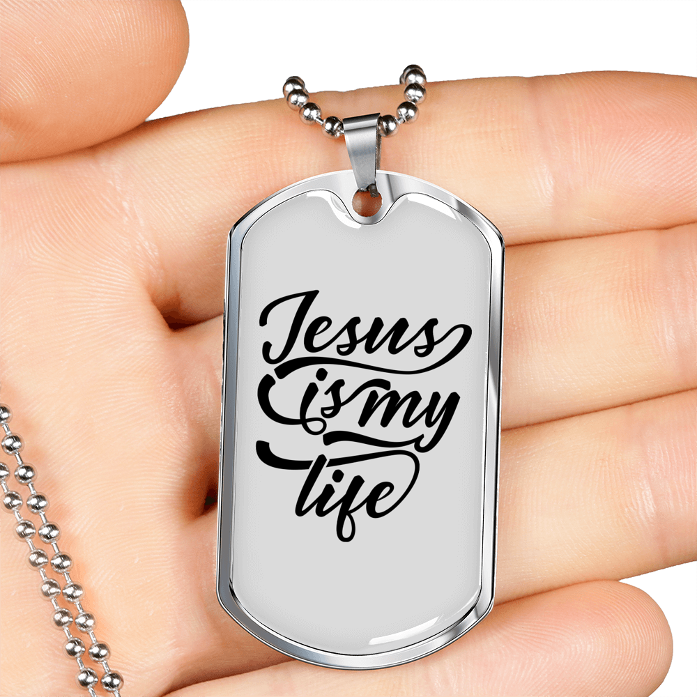 Jesus My Life Christian Necklace Stainless Steel or 18k Gold Dog Tag 24" Chain-Express Your Love Gifts