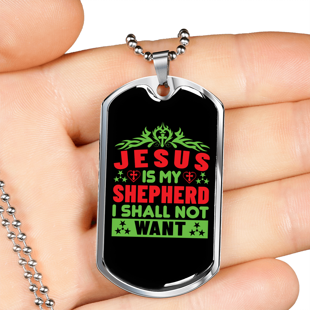 Jesus My Shepherd Green Christian Necklace Stainless Steel or 18k Gold Dog Tag 24" Chain-Express Your Love Gifts