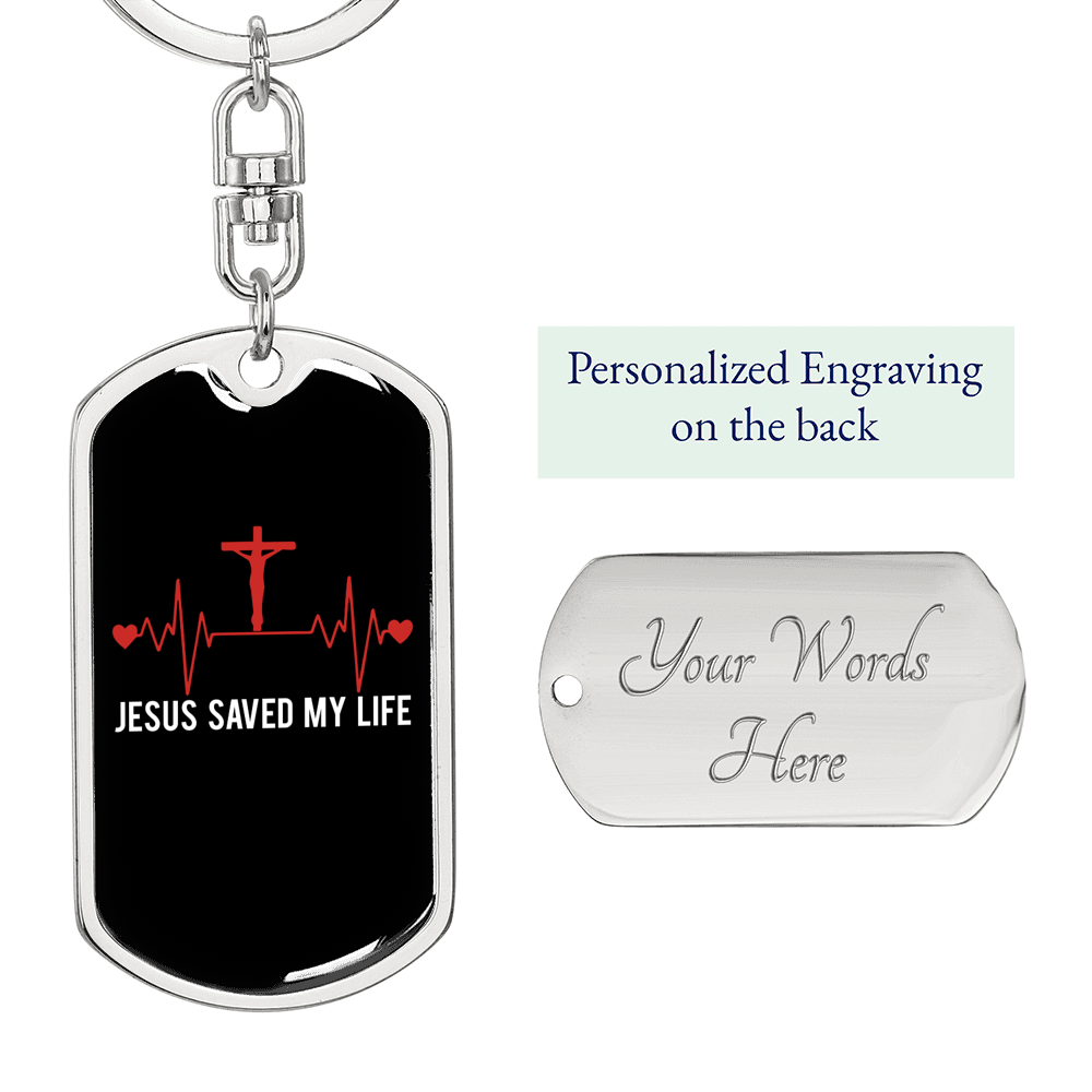 Jesus Saved My Life Pulse Keychain Stainless Steel or 18k Gold Dog Tag Keyring-Express Your Love Gifts