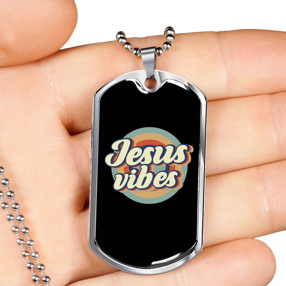 Jesus Vibes Christian Necklace Stainless Steel or 18k Gold Dog Tag 24" Chain-Express Your Love Gifts