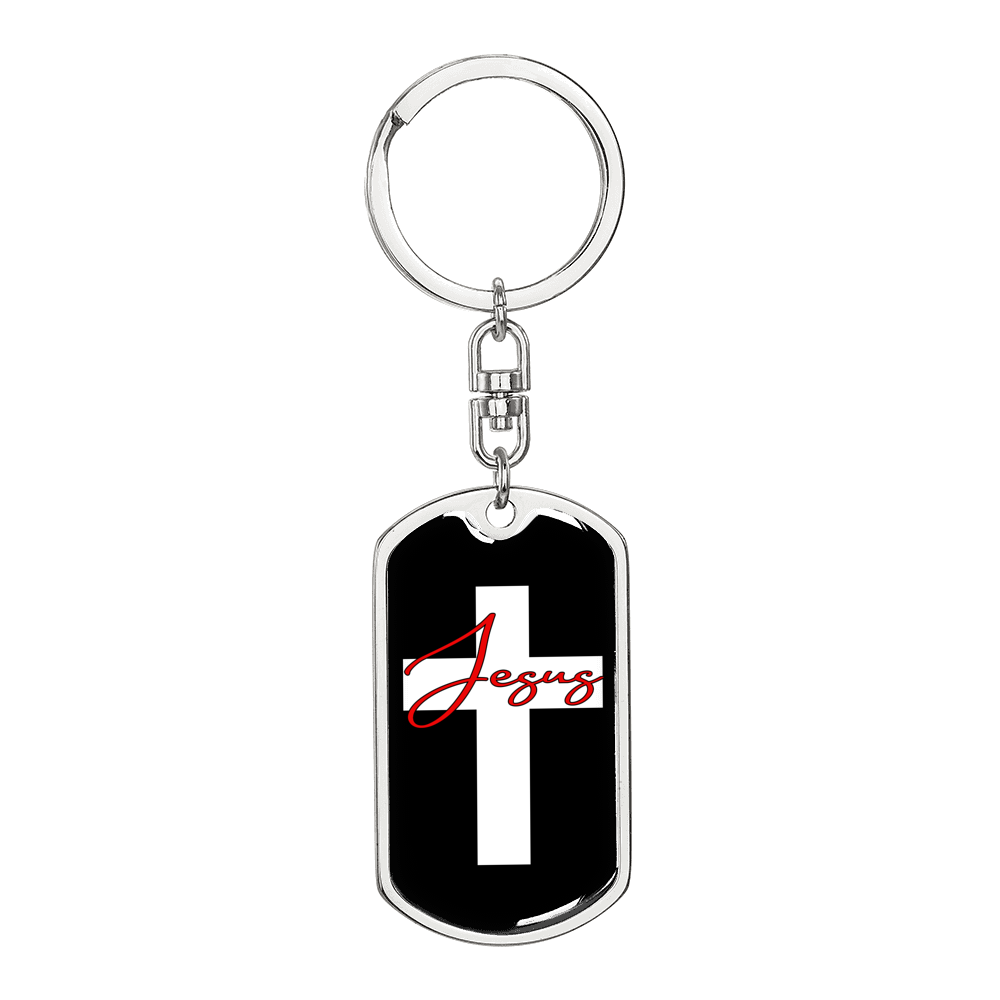 Jesus White Cross Keychain Stainless Steel or 18k Gold Dog Tag Keyring-Express Your Love Gifts