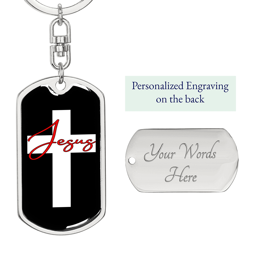 Jesus White Cross Keychain Stainless Steel or 18k Gold Dog Tag Keyring-Express Your Love Gifts