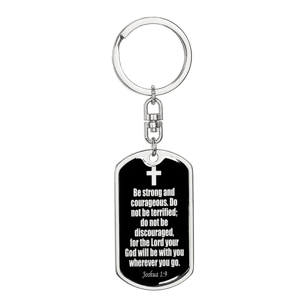 Joshua 1:9 Be Strong Keychain Stainless Steel or 18k Gold Dog Tag Keyring-Express Your Love Gifts