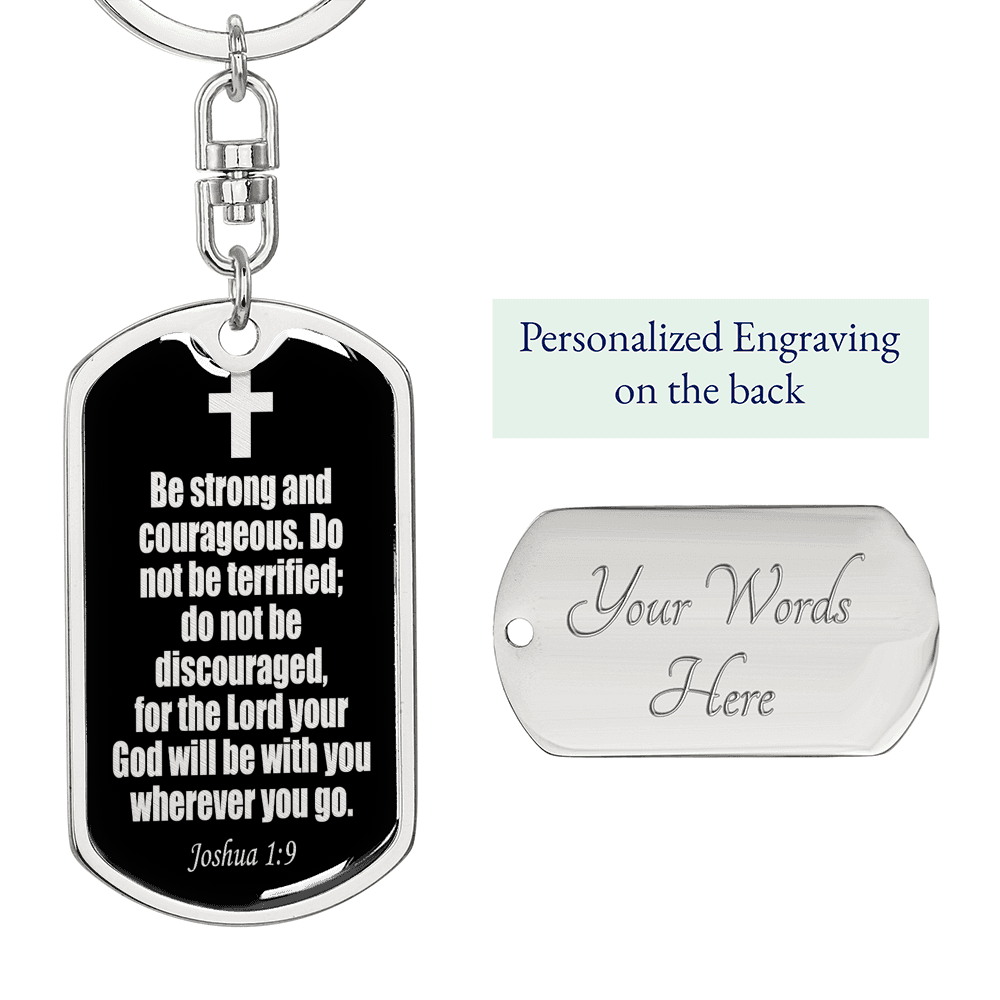 Joshua 1:9 Be Strong Keychain Stainless Steel or 18k Gold Dog Tag Keyring-Express Your Love Gifts