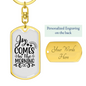 Joy Comes Keychain Stainless Steel or 18k Gold Dog Tag Keyring-Express Your Love Gifts
