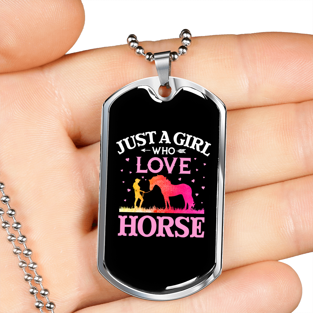 Just a Girl Horse Necklace Stainless Steel or 18k Gold Dog Tag 24" Chain-Express Your Love Gifts