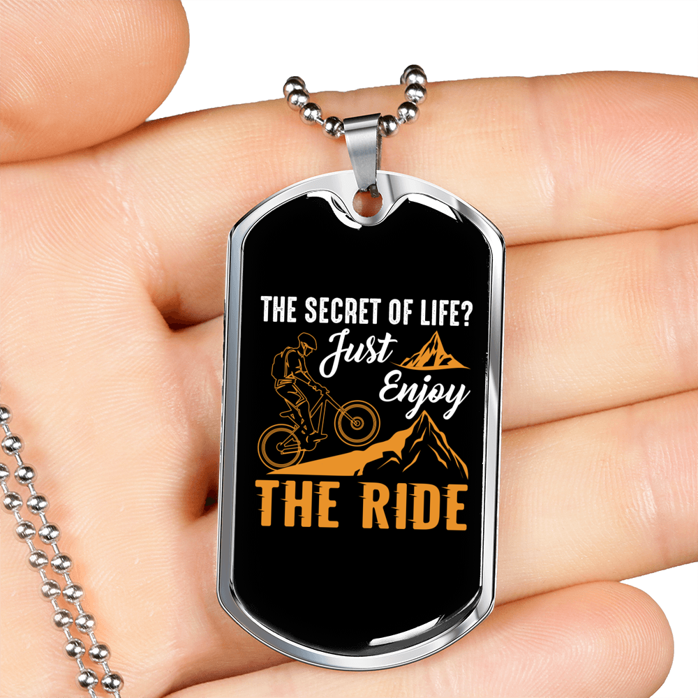 Just Enjoy The Ride Cycling Necklace Stainless Steel or 18k Gold Dog Tag 24"-Express Your Love Gifts
