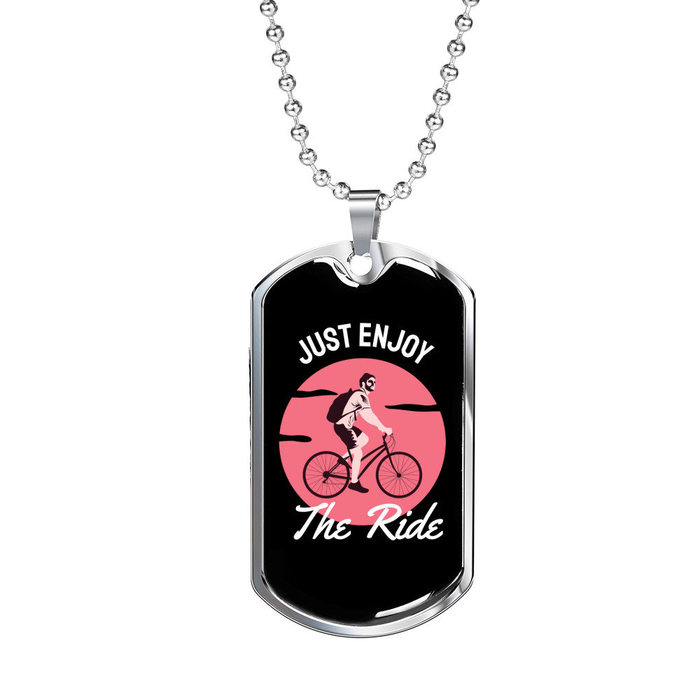 Just Enjoy The Ride Cycling Pink Necklace Stainless Steel or 18k Gold Dog Tag 24"-Express Your Love Gifts