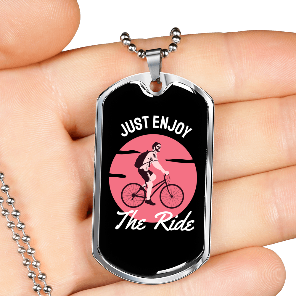 Just Enjoy The Ride Cycling Pink Necklace Stainless Steel or 18k Gold Dog Tag 24"-Express Your Love Gifts