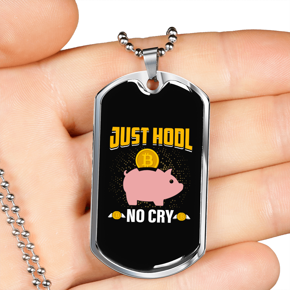 Just HODL Pig Crypto Necklace Stainless Steel or 18k Gold Dog Tag 24" Chain-Express Your Love Gifts