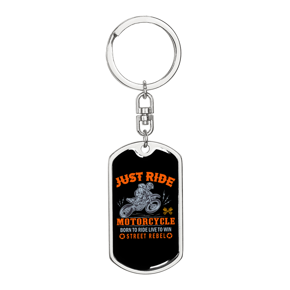 Just Ride Motorcycles Biker Keychain Stainless Steel or 18k Gold Dog Tag Keyring-Express Your Love Gifts