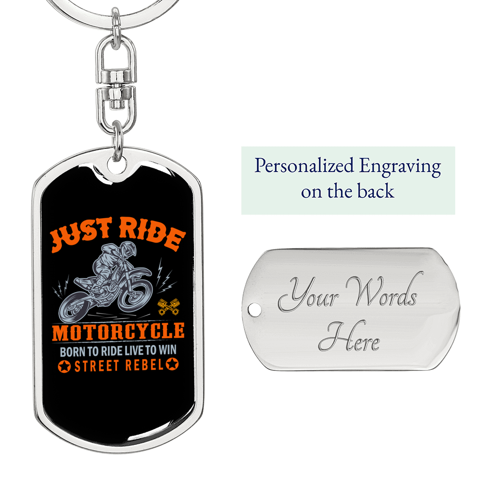 Just Ride Motorcycles Biker Keychain Stainless Steel or 18k Gold Dog Tag Keyring-Express Your Love Gifts