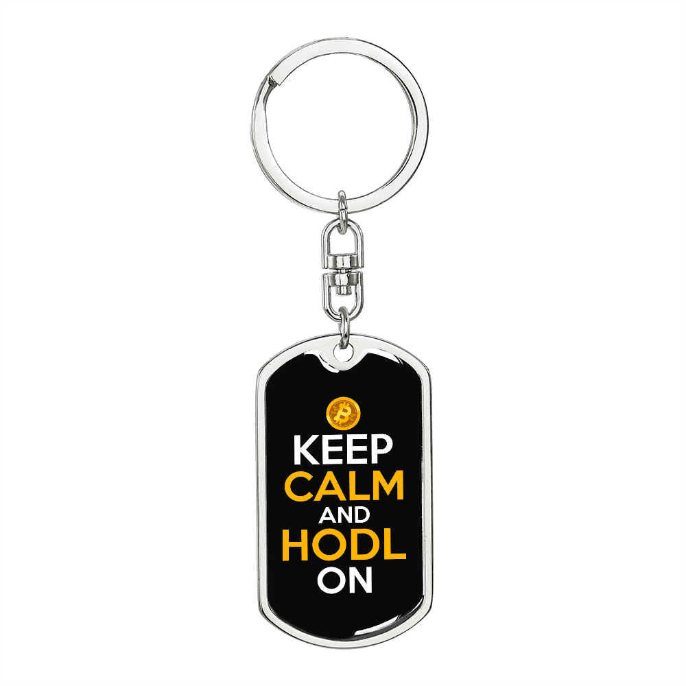 Keep Calm and HODL On Crypto Keychain Stainless Steel or 18k Gold Dog Tag Keyring-Express Your Love Gifts