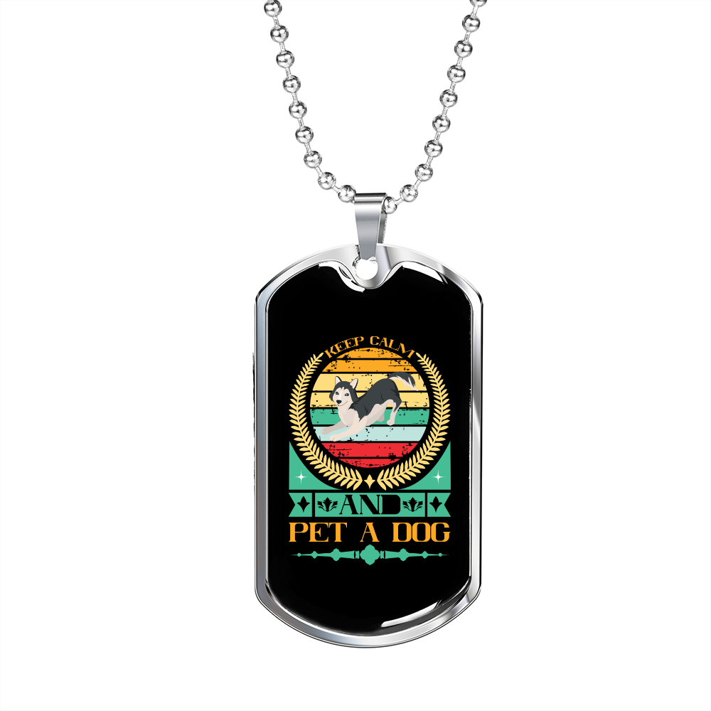 Keep Calm Pet a Dog Blue Necklace Stainless Steel or 18k Gold Dog Tag 24" Chain-Express Your Love Gifts