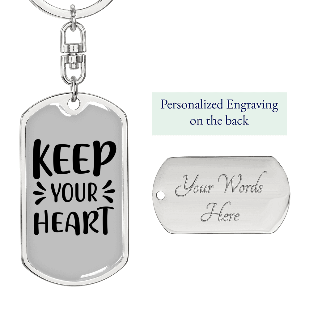 Keep Your Heart Keychain Stainless Steel or 18k Gold Dog Tag Keyring-Express Your Love Gifts