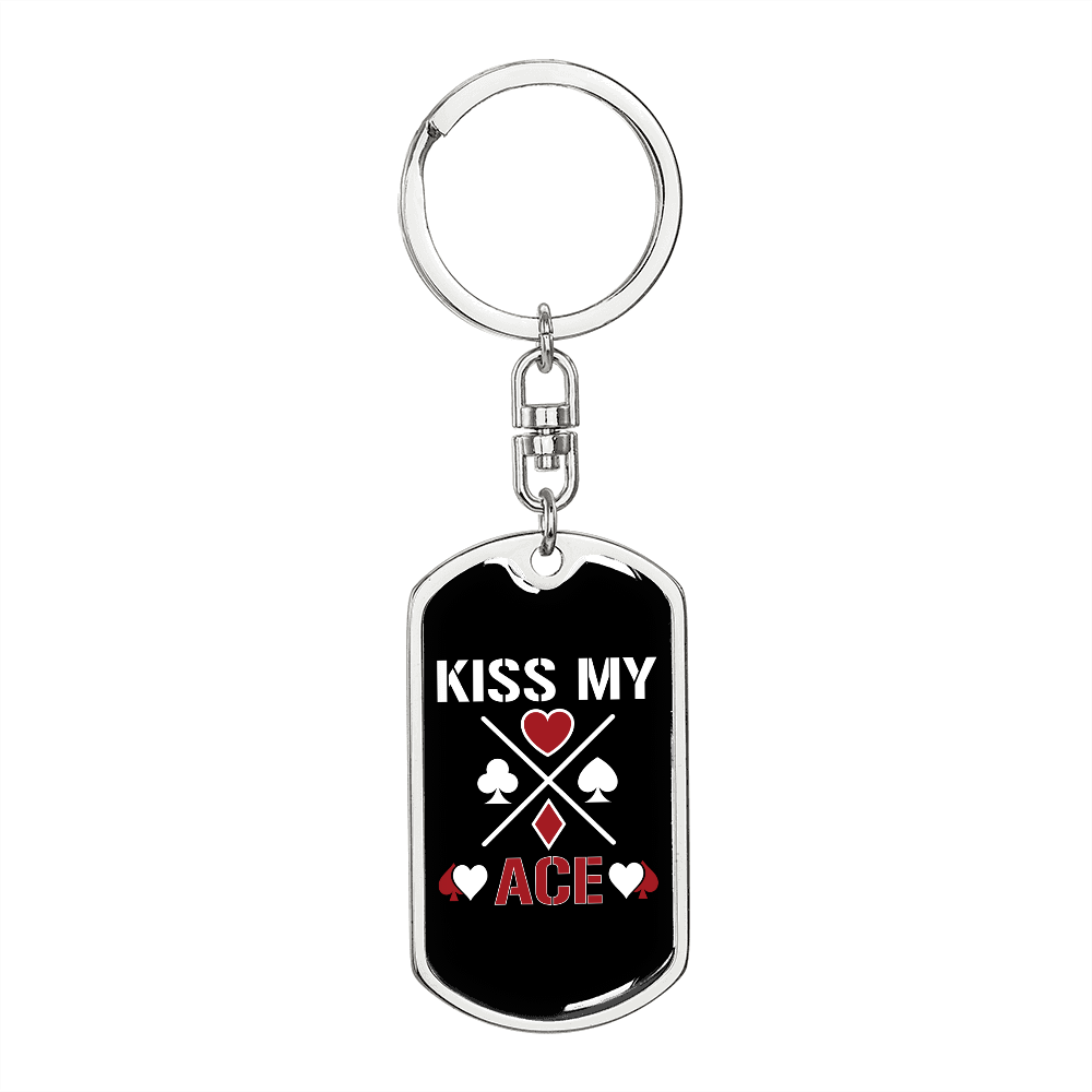 Kiss My Aces Poker Gambler Keychain Stainless Steel or 18k Gold Dog Tag Keyring-Express Your Love Gifts