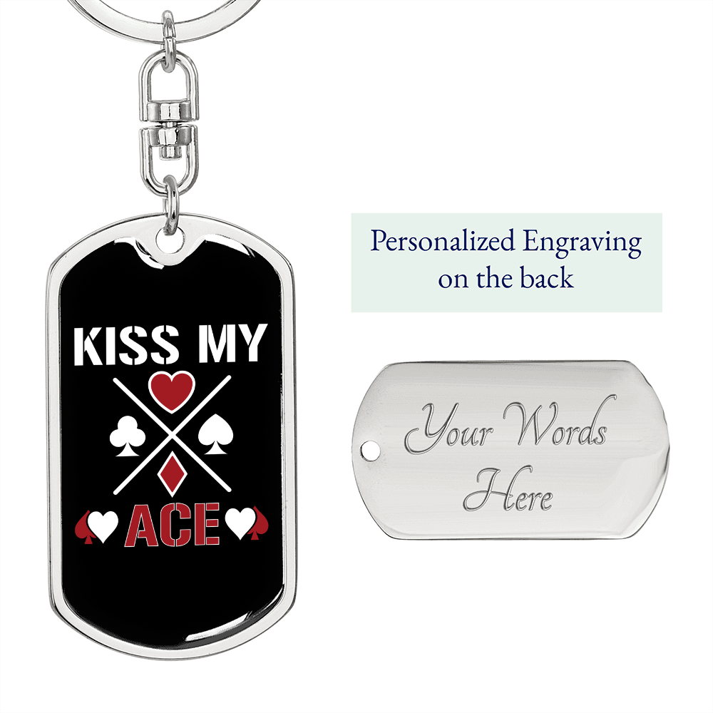 Kiss My Aces Poker Gambler Keychain Stainless Steel or 18k Gold Dog Tag Keyring-Express Your Love Gifts