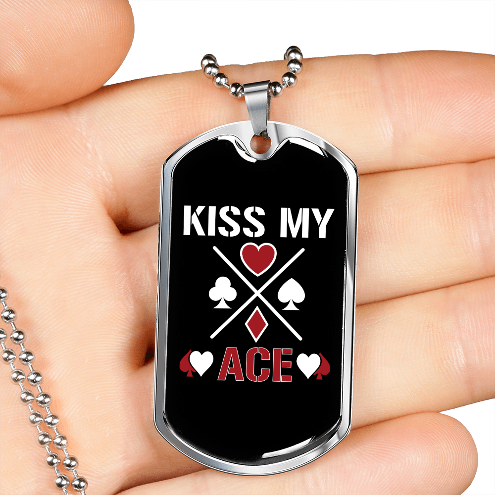 Kiss My Aces Gambler Necklace Stainless Steel or 18k Gold Dog Tag 24" Chain-Express Your Love Gifts
