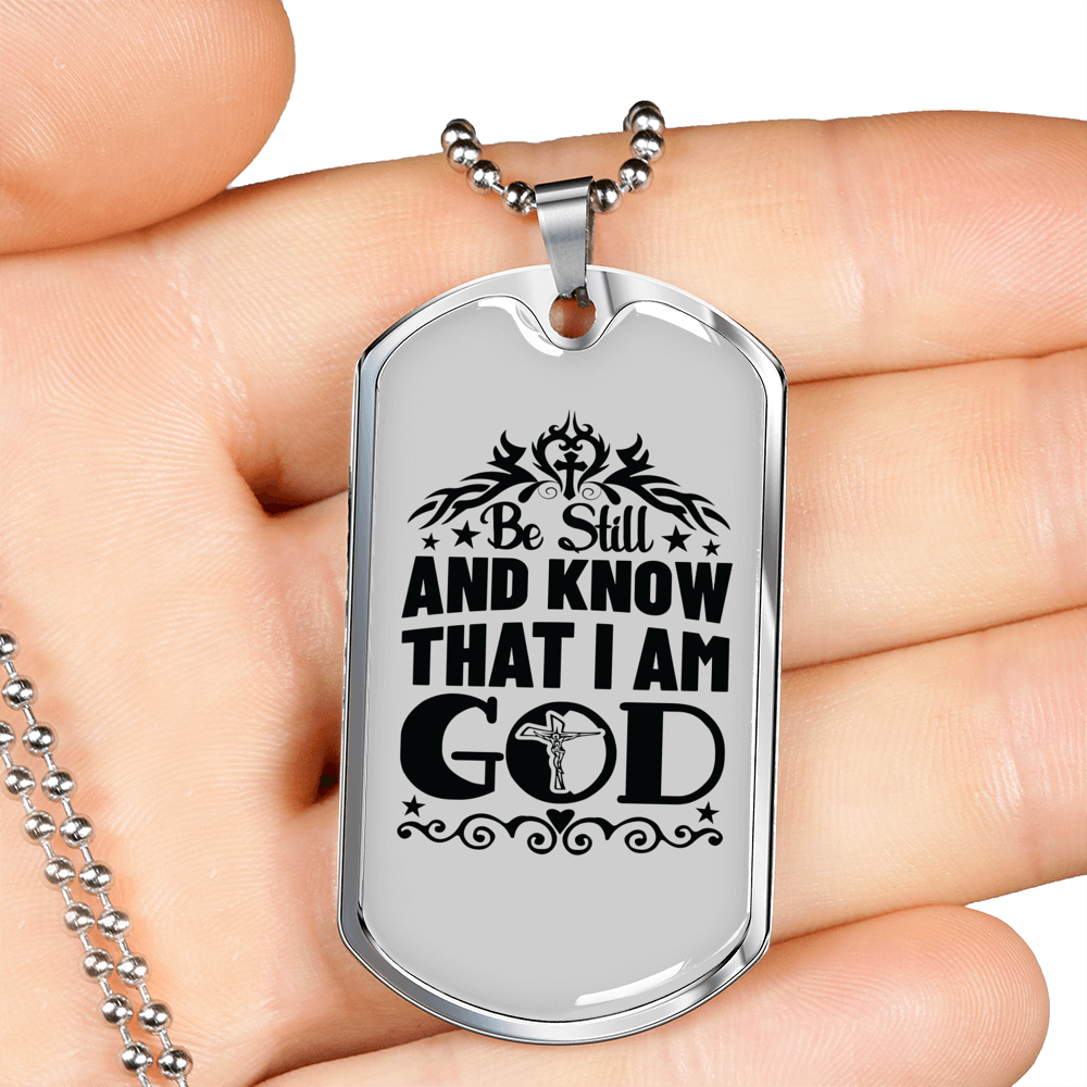 Know That I Am God Cross Christian Necklace Stainless Steel or 18k Gold Dog Tag 24" Chain-Express Your Love Gifts
