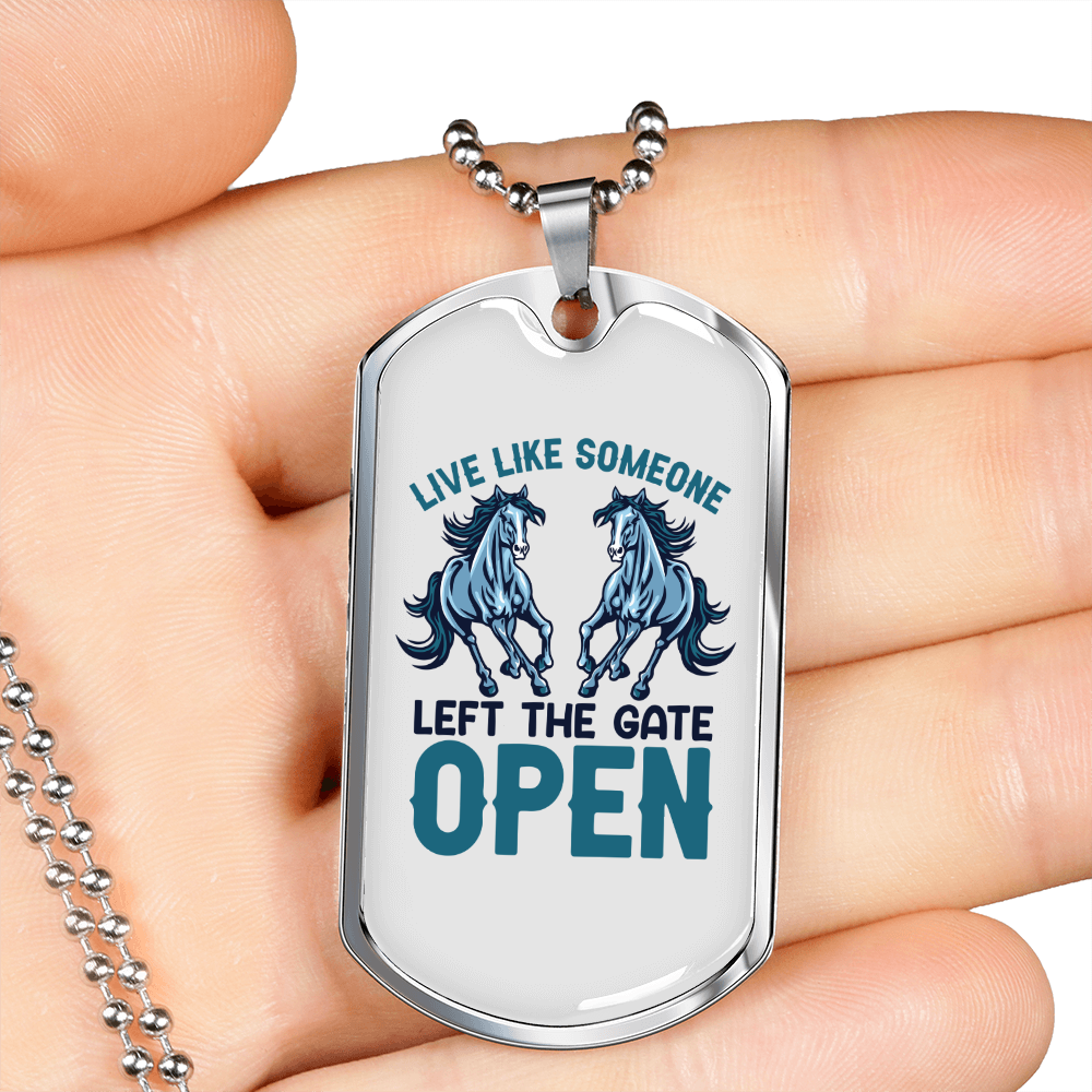 Left The Gate Open Horse Necklace Stainless Steel or 18k Gold Dog Tag 24" Chain-Express Your Love Gifts