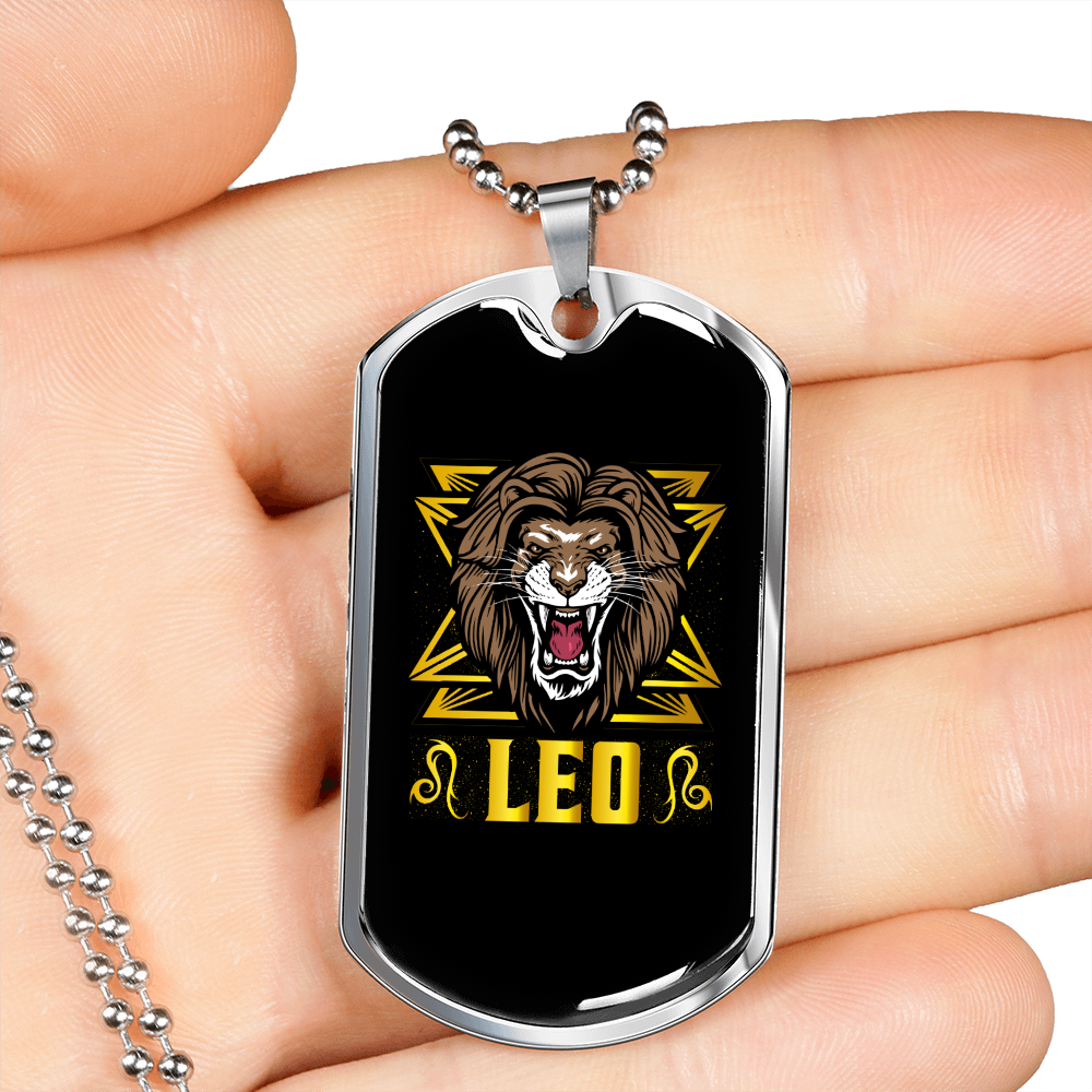 Leo Lion Head Zodiac Necklace Stainless Steel or 18k Gold Dog Tag 24" Chain-Express Your Love Gifts