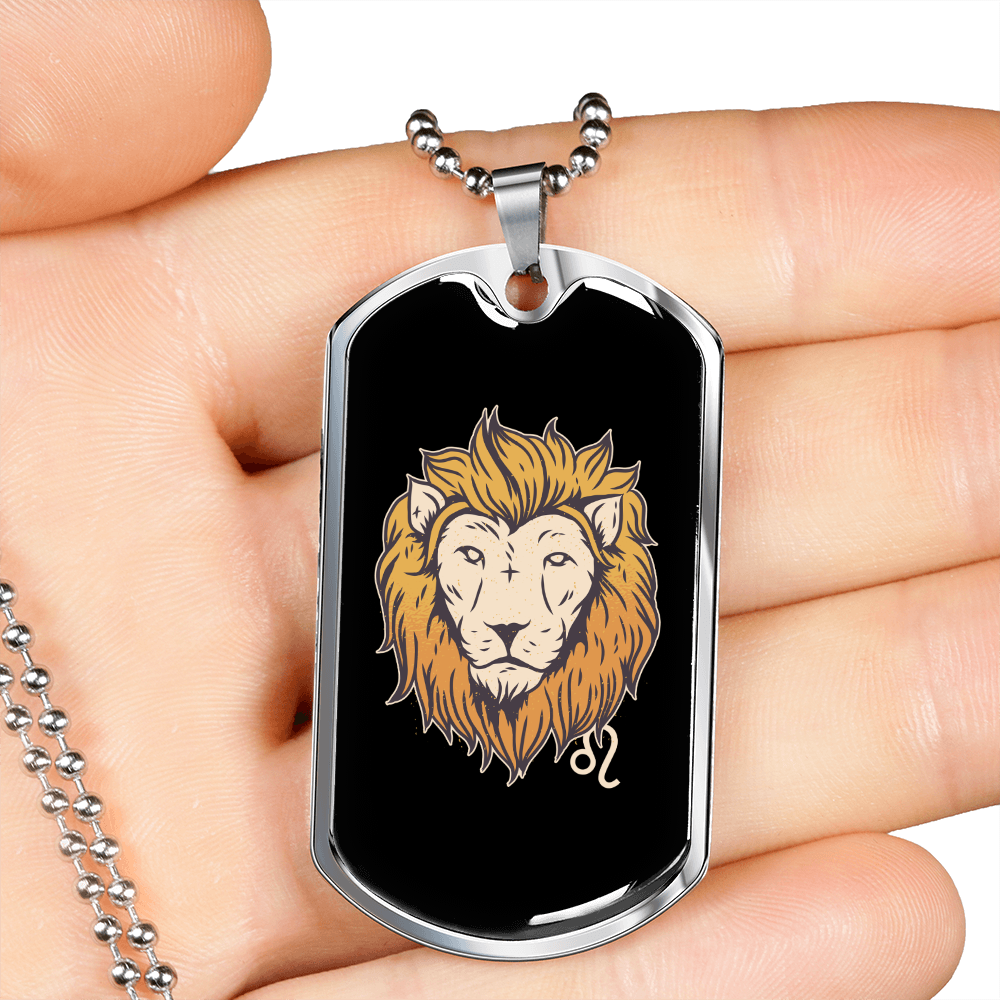 Leo Lion Zodiac Sign Zodiac Necklace Stainless Steel or 18k Gold Dog Tag 24" Chain-Express Your Love Gifts