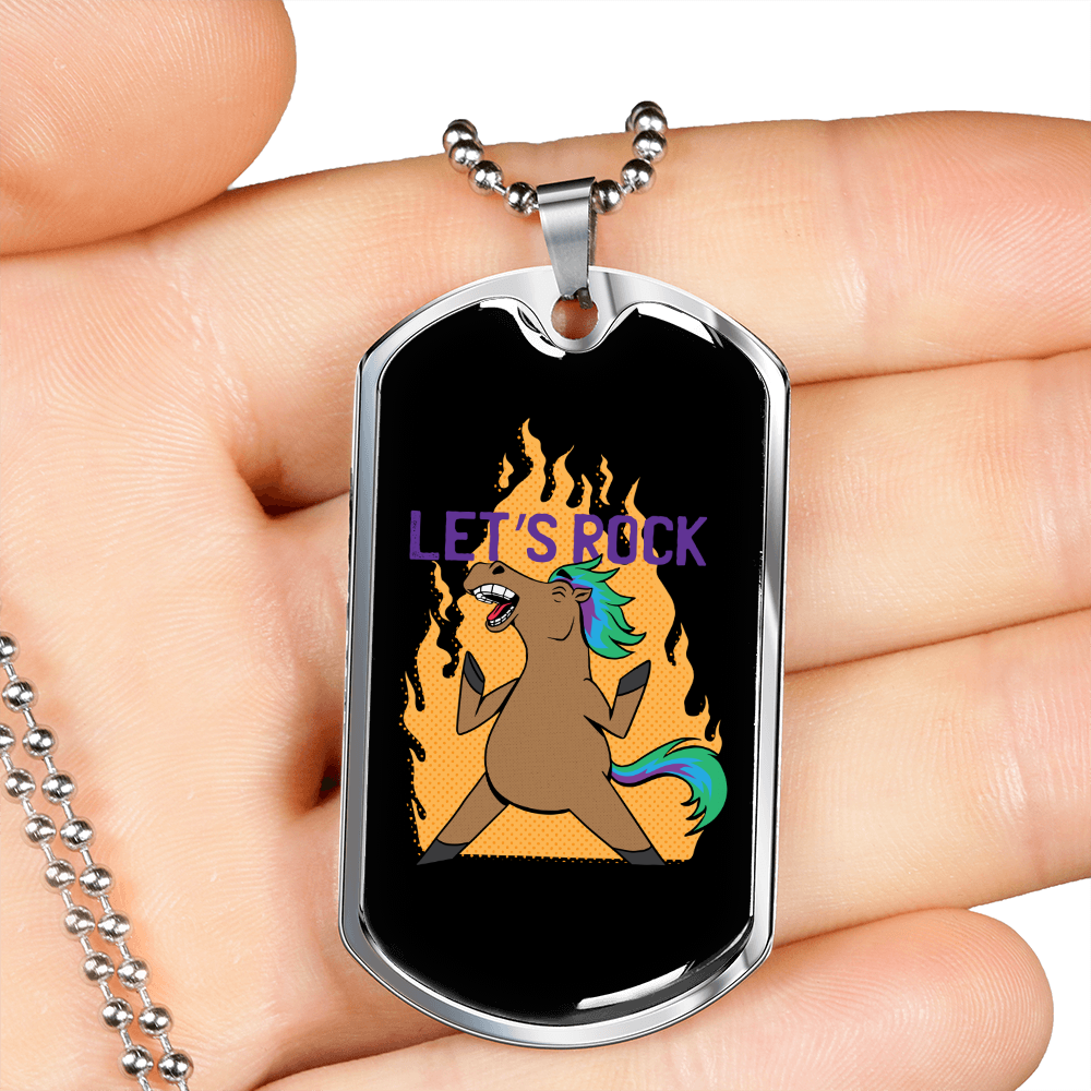 Let's Rock Horse Necklace Stainless Steel or 18k Gold Dog Tag 24" Chain-Express Your Love Gifts