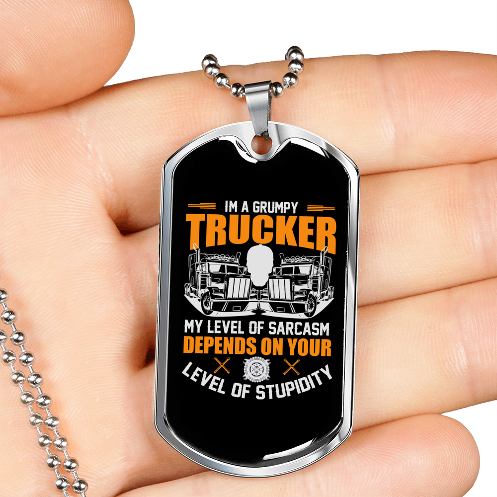 Level Of Stupidity Grumpy Trucker Dog Tag Stainless Steel or 18k Gold 24" Chain-Express Your Love Gifts