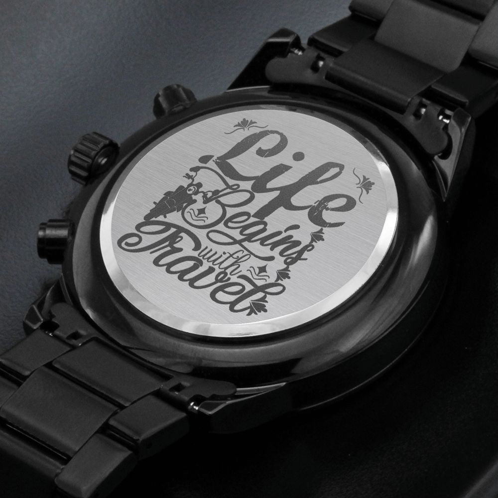 Life Begins With Travel Engraved Motorcycle Rider Men's Watch Multifunction Stainless Steel W Copper Dial-Express Your Love Gifts