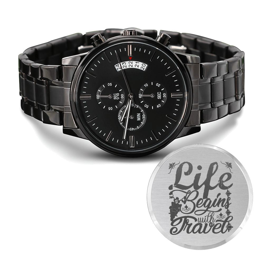 Life Begins With Travel Engraved Motorcycle Rider Men's Watch Multifunction Stainless Steel W Copper Dial-Express Your Love Gifts