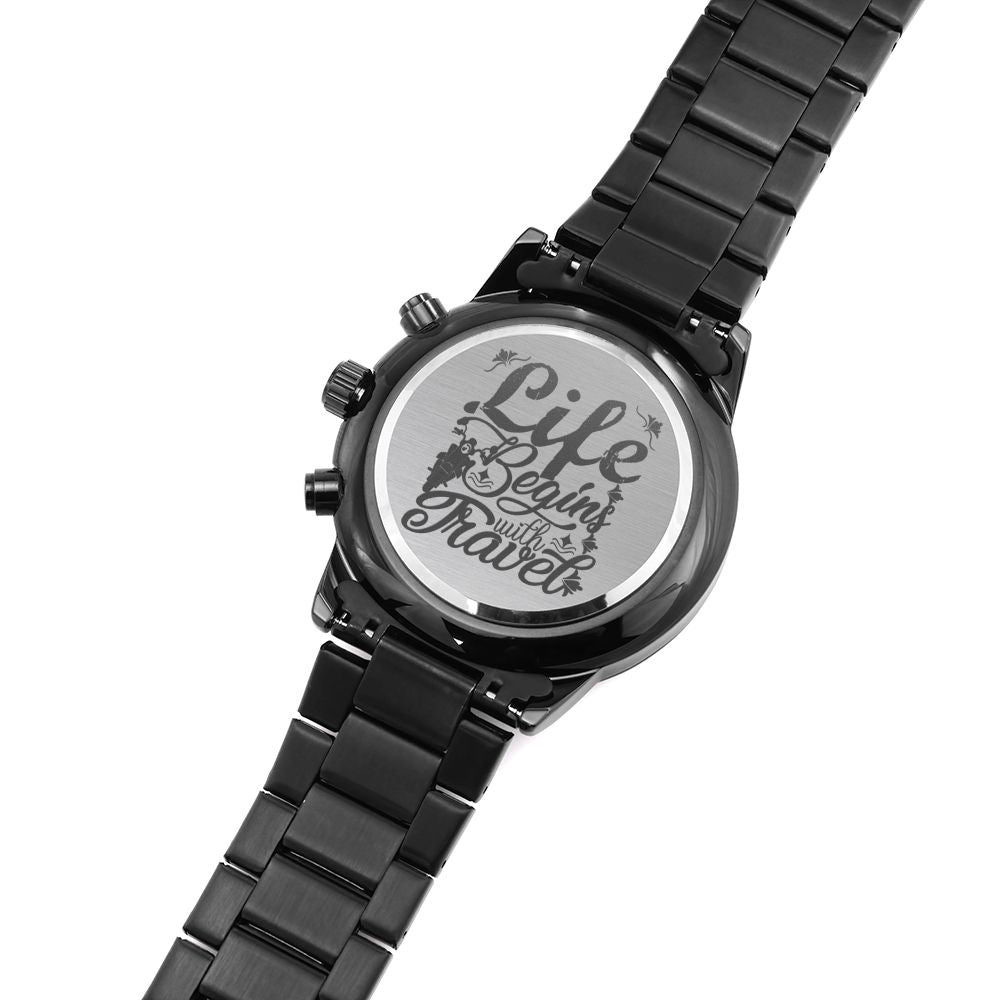 Life Begins With Travel Engraved Motorcycle Rider Men's Watch Multifunction Stainless Steel W Copper Dial-Express Your Love Gifts