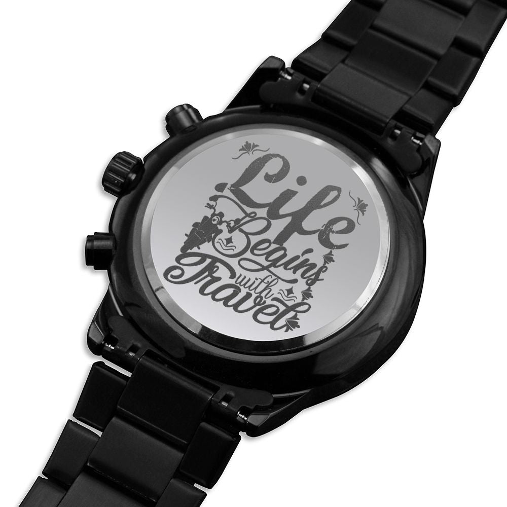 Life Begins With Travel Engraved Motorcycle Rider Men's Watch Multifunction Stainless Steel W Copper Dial-Express Your Love Gifts