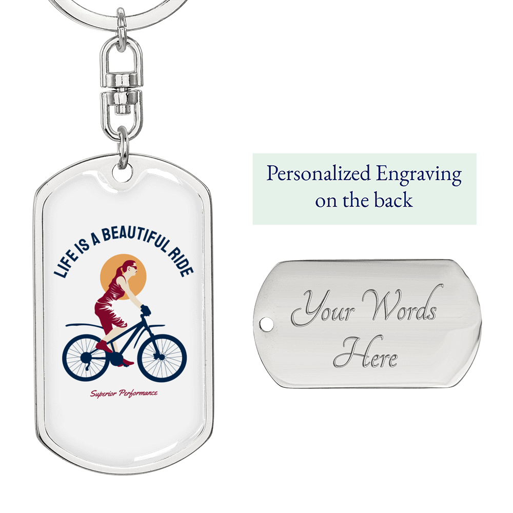 Life Is A Beautiful Ride Cycling Keychain Stainless Steel or 18k Gold Dog Tag Keyring-Express Your Love Gifts