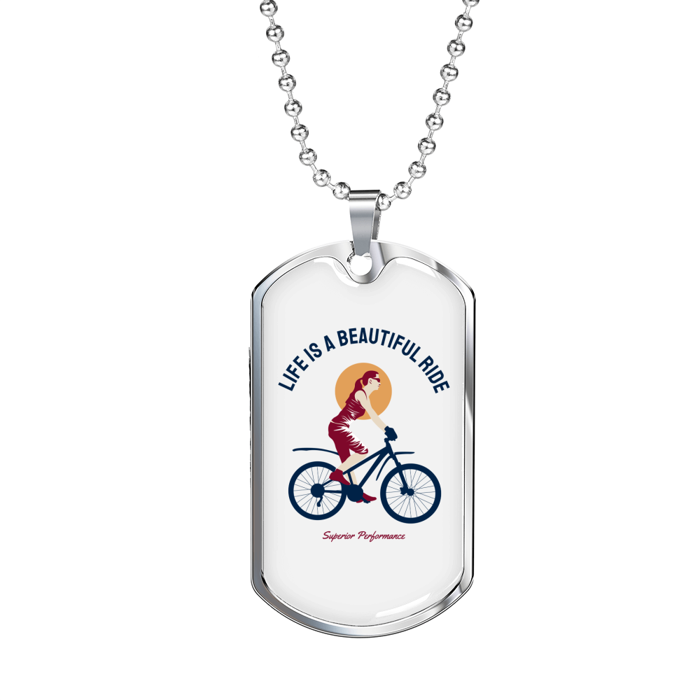 Life Is A Beautiful Ride Cycling Necklace Stainless Steel or 18k Gold Dog Tag 24"-Express Your Love Gifts