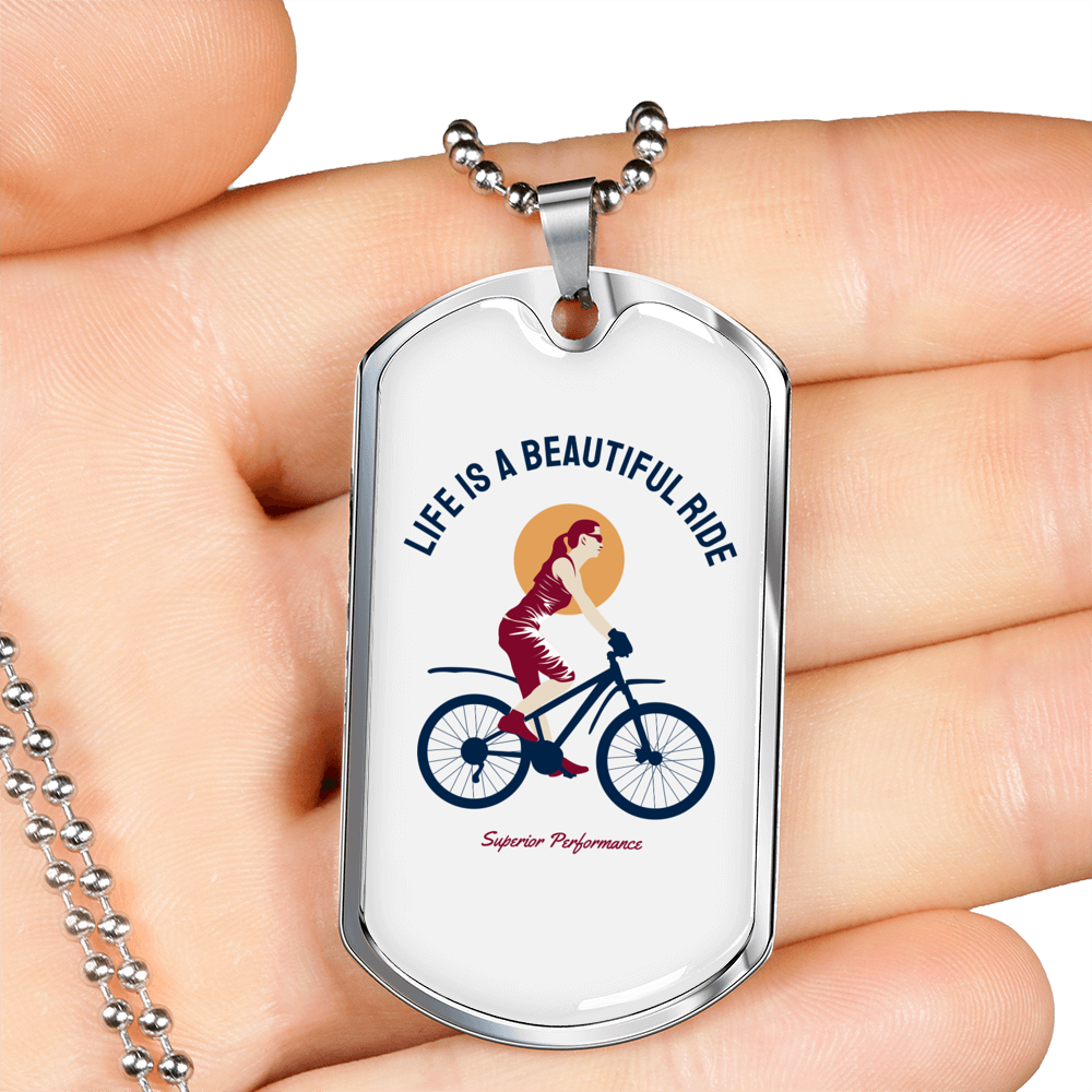 Life Is A Beautiful Ride Cycling Necklace Stainless Steel or 18k Gold Dog Tag 24"-Express Your Love Gifts