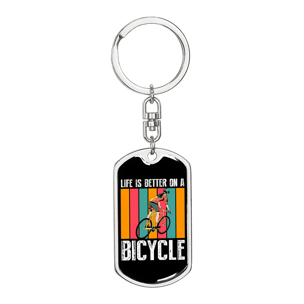 Life Is Better On A Bicycle Cycling Keychain Stainless Steel or 18k Gold Dog Tag Keyring-Express Your Love Gifts